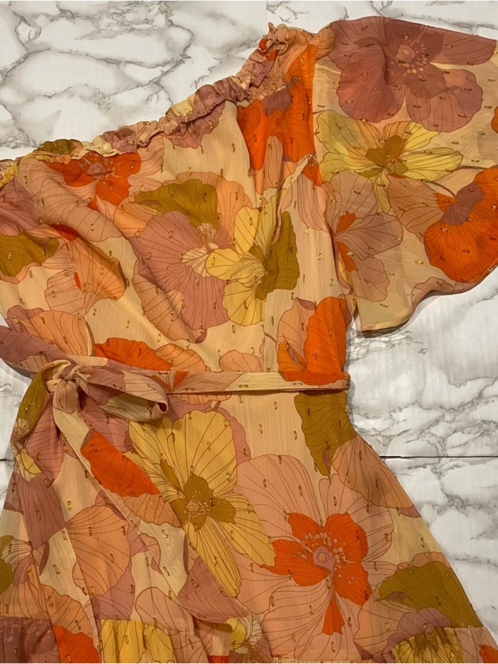 Taylor One-Shoulder Floral Midi Dress in Peach Cobbler